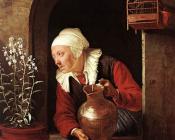 格里特 道 : Old Woman Watering Flowers